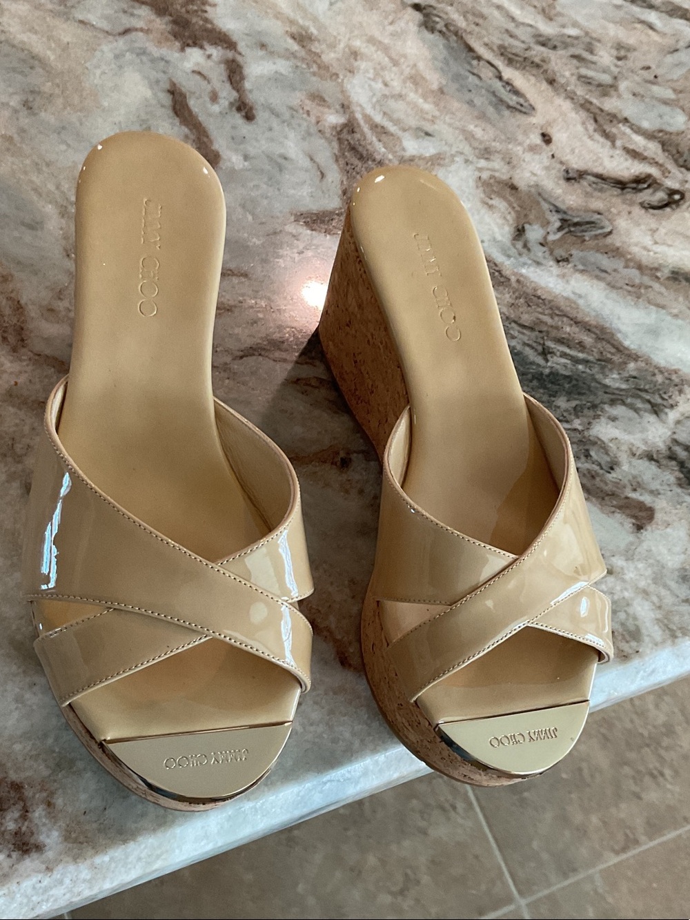 JIMMY CHOO Patent Prima cork wedge sandals, nude, size 38.5